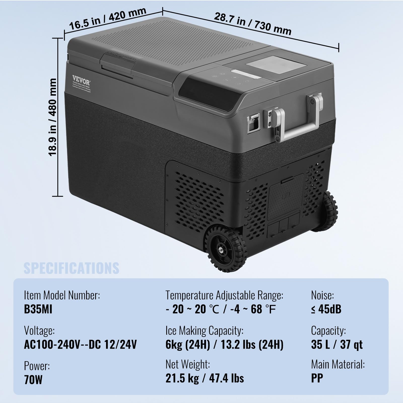 VEVOR Frigorifero Portatile per Auto, Frigorifero 12 V, Congelatore Portatile Zona Singola 35 L, Temperatura - 20~20 ℃, Refrigeratore a Compressore con Rotelle per Casa, Esterno, Camper, Auto