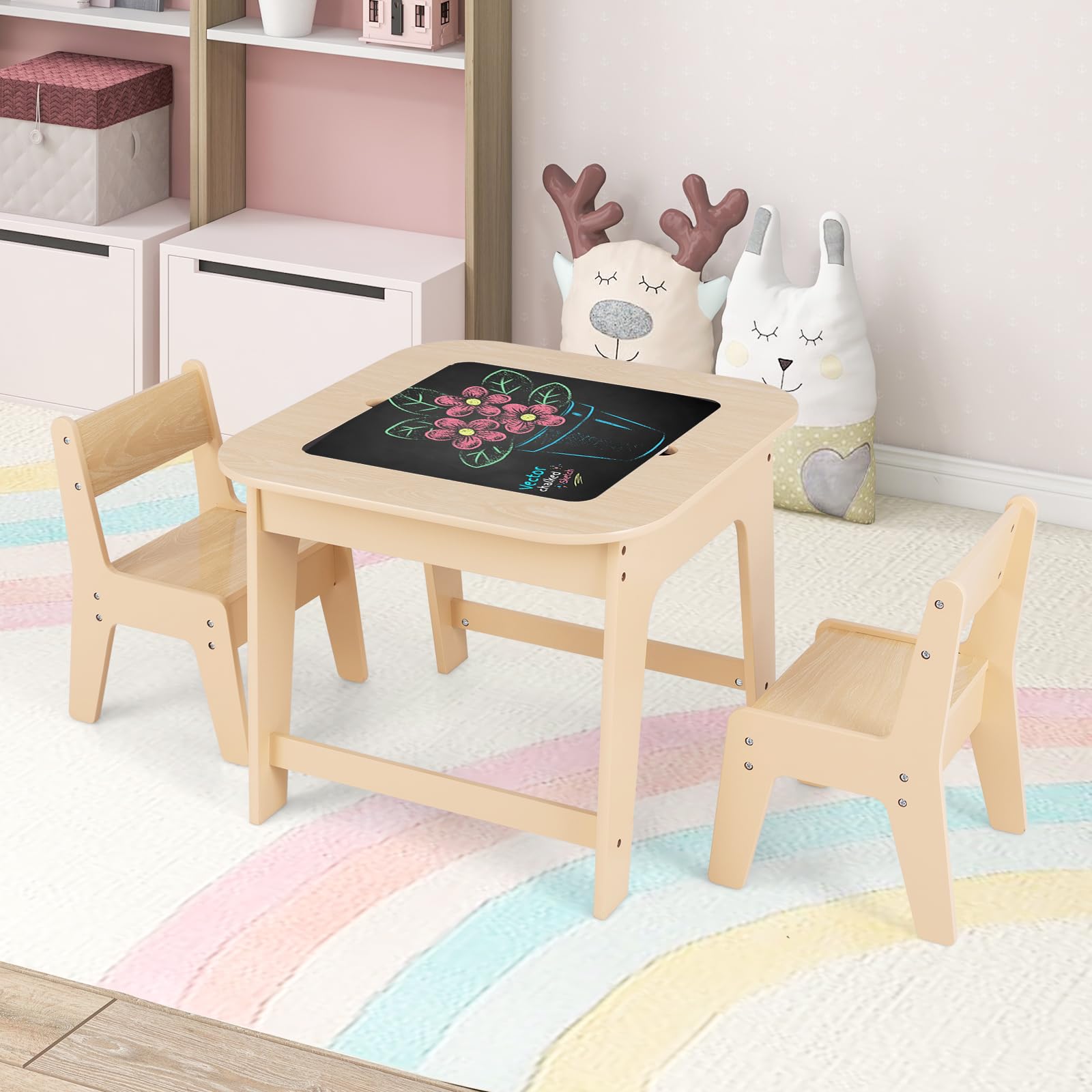 RELAX4LIFE Set Tavolo e 2 Sedie per Bambini, con Lavagna a Doppia Faccia e Spazio per Giocattoli, Tavolino Multiattività in Legno con 2 Sedie per Bambini da 3-6 Anni, per Cameretta (Naturale)