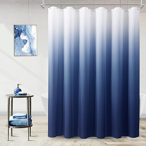 Cortinas de ducha color azul marino para baño, juego de cortina de ducha de tela texturizada degradada, lujo de hotel spa con 12 ganchos, lavable a