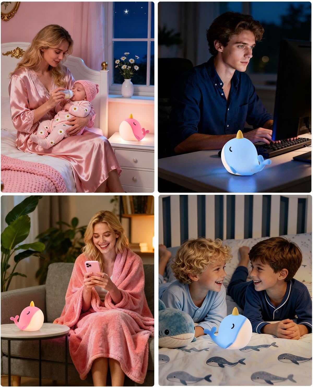 Fuloon Narwhal Night Light, 3 Dimming Silicone Touch Lamp with Rechargeable Battery & Timer, Cute Squishy Unicorn Whale Desk Decor, Funny White Elephant Gift for Adults Teens Kids (Pink+Blue 2PCS) image 2