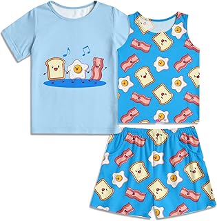Funnycokid Girls Pajamas Set Kids Pjs Top Tank Shorts Cute Summer 3 Pieces Nightwear Size 7-14