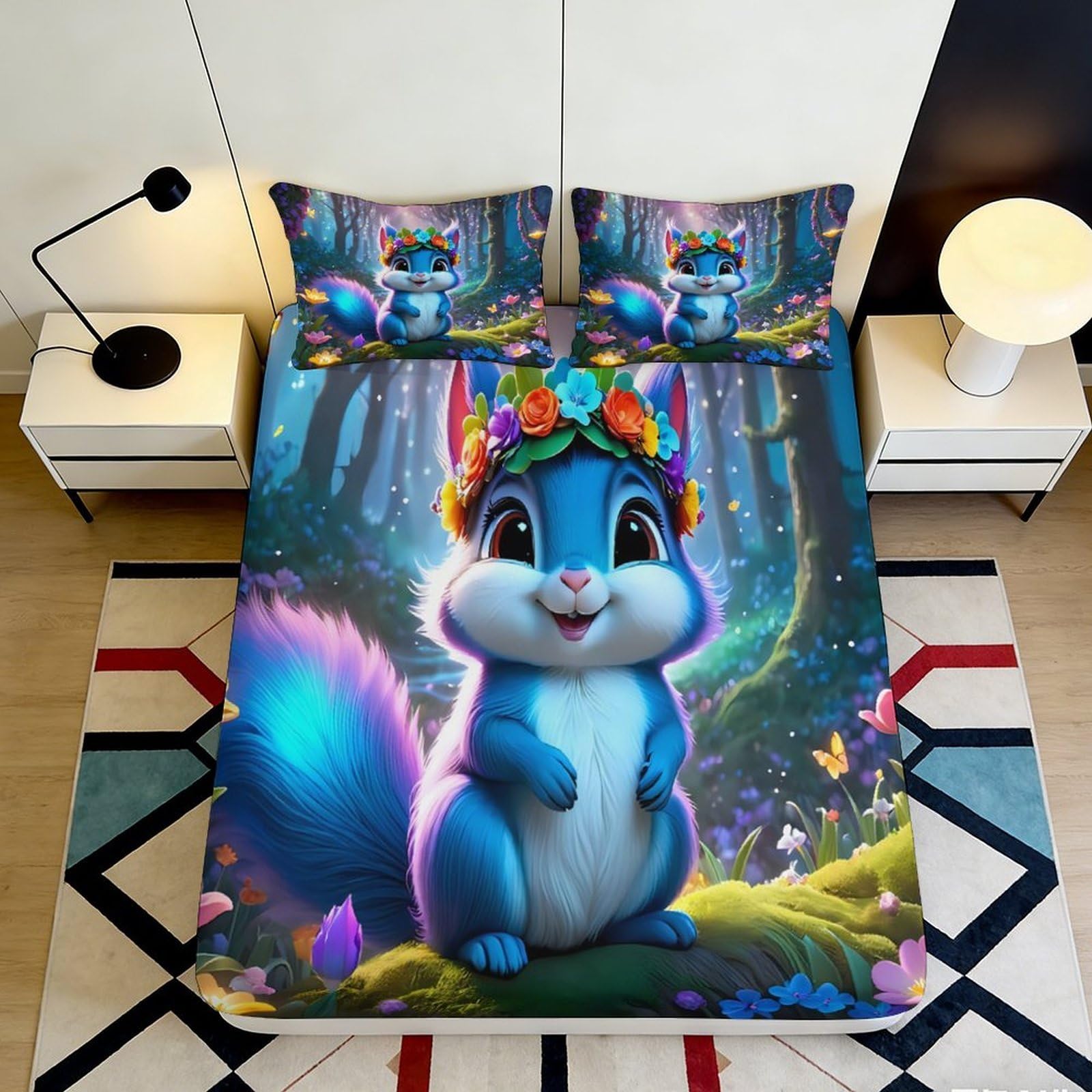 3D Printed Forest Squirrel Fitted Sheet Microfiber Non-Slip Deep Pocket Squirrel Mattress Fitted Cover Bedroom Bedding Washable 180x200x25cm