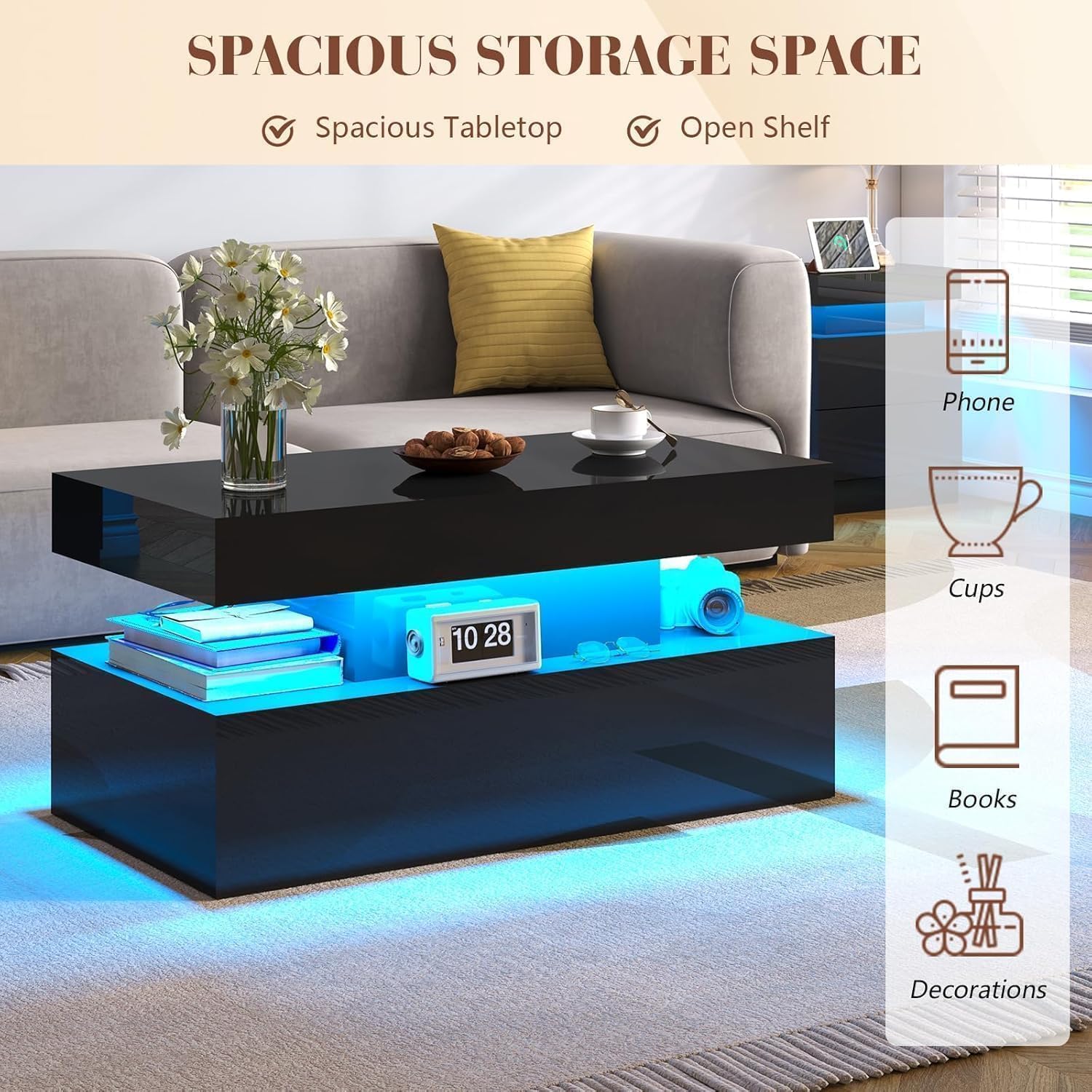 LUXOAK 3 Pieces Living Room Table Set, Modern High Gloss Coffee Table Set with LED Light and Storage Space, 2 End Side Tables with Charging Station for Living Room, Office, Black