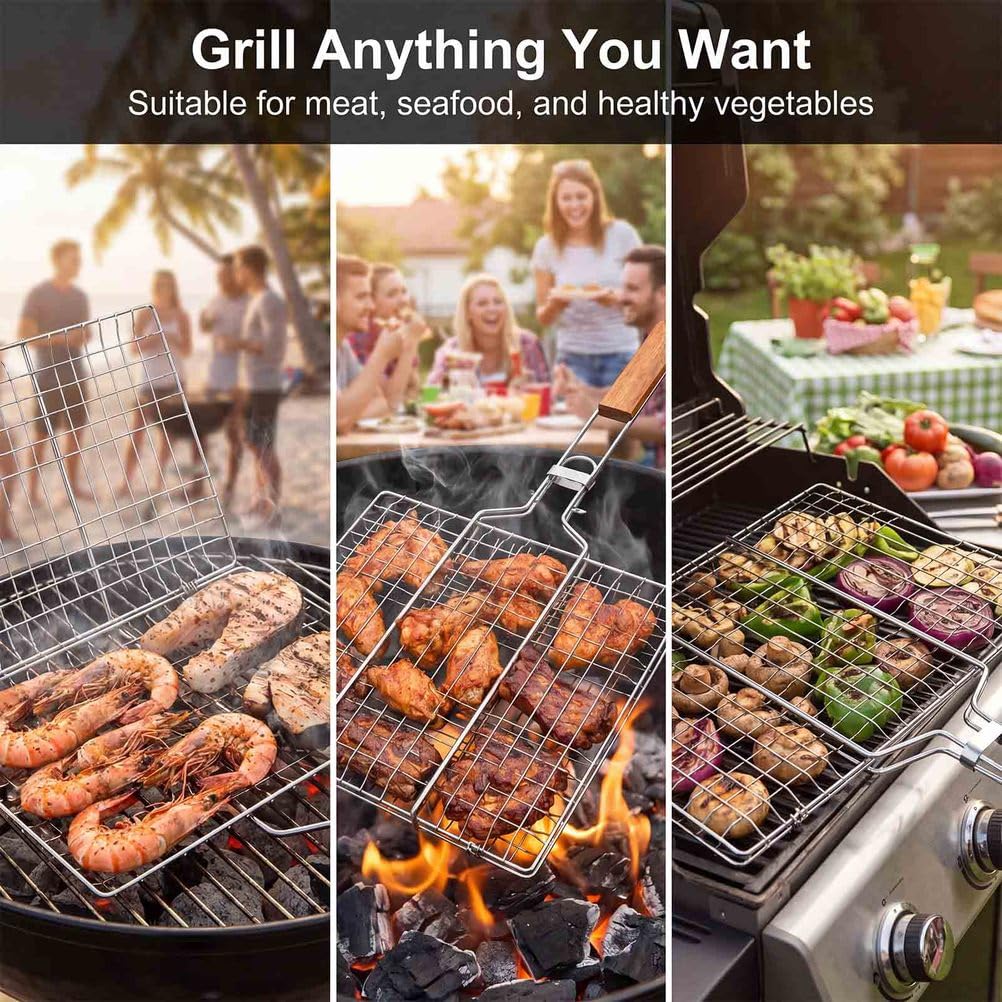 Cestello Grill BBQ con Blocco, Cestello Pieghevole in Acciaio Inox con Manico in Legno, Barbecue Portatile per Pollo, Pesce, Verdure, Bistecca e Cucina Esterna | 1