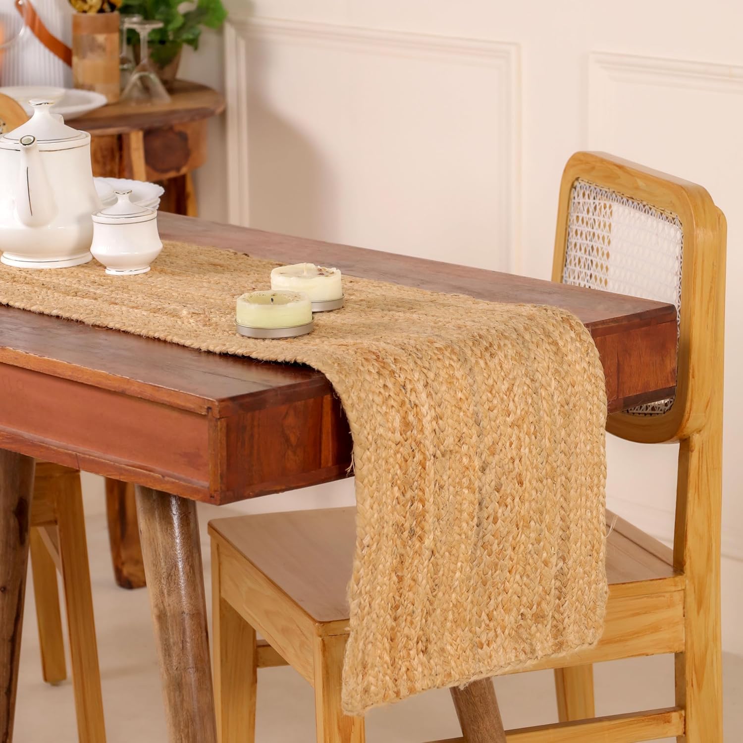 Camino de mesa de yute beige, 13 x 120 pulgadas, decoración india hecha a mano, mesa de comedor, cocina, mesa de café, decoración bohemia de granja