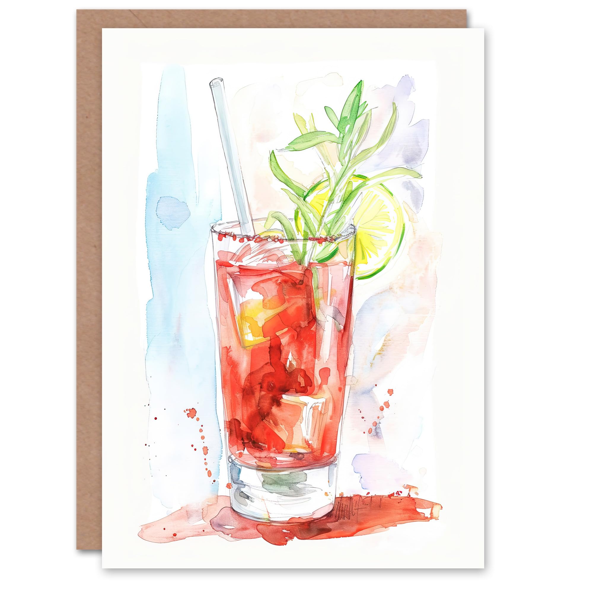 Greeting Card Bloody Mary Cocktail Drink Watercolour Simple Blank Birthday