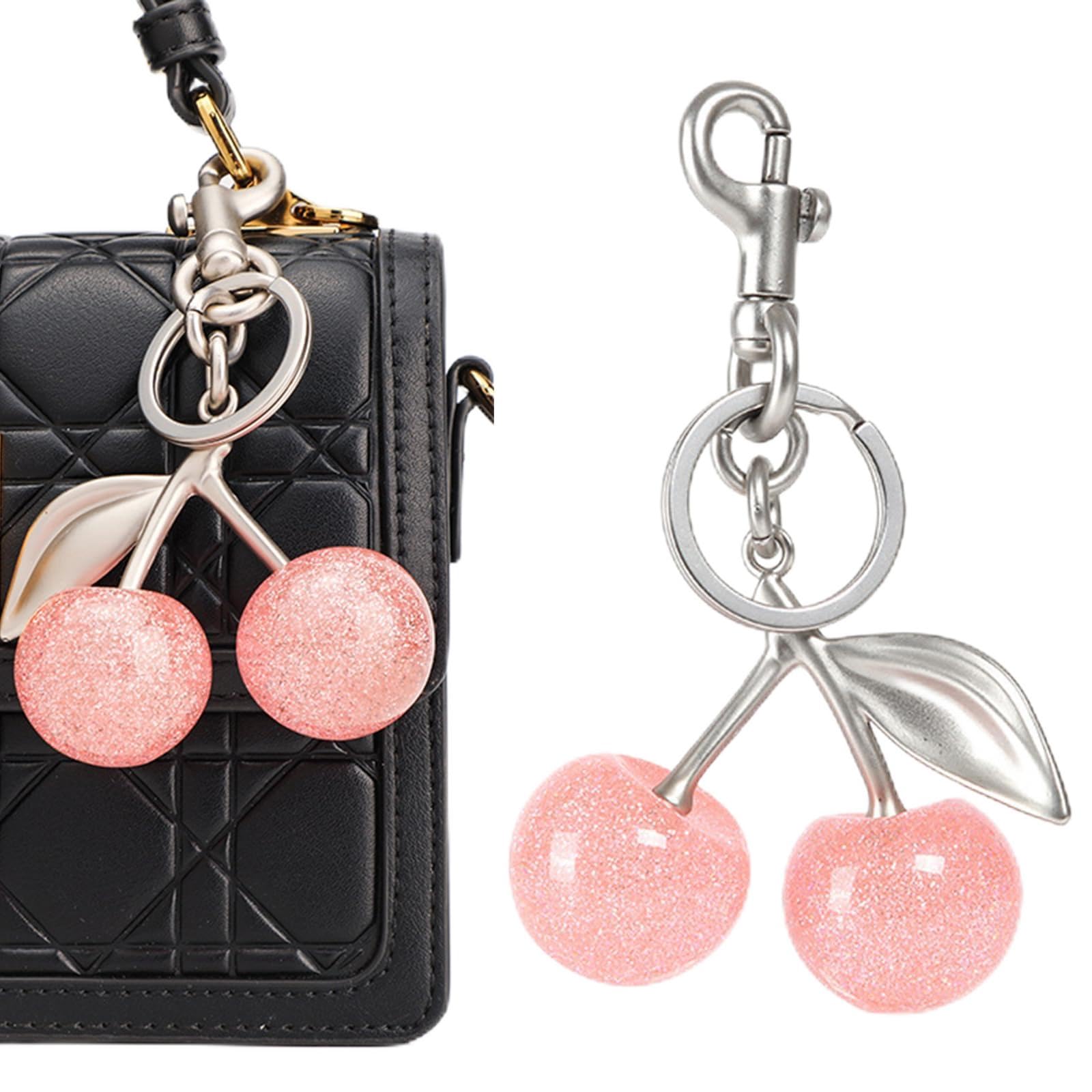 Glimbely Cherry Bag Purse Charms Cute Cherry Keychain Purse Handbags Car Keys Accessories Gifts for Women (Silver-Pink)