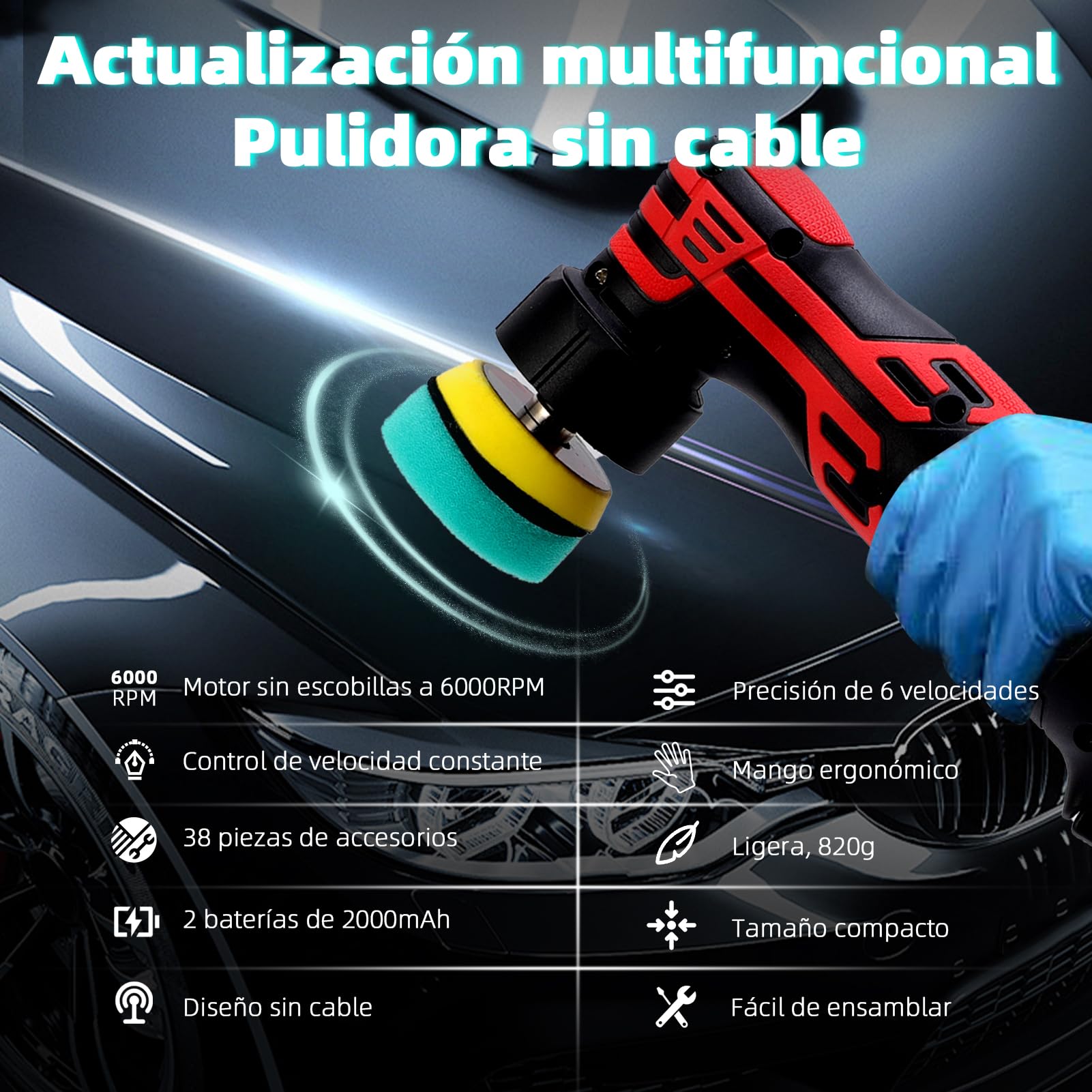 Pulidora Coche Inalámbrica 12V, Mini Pulidora Orbital con 6 Velocidades Ajustables 2500-6000RPM, Kit de Pulido para Quitar Arañazos y Pulir Faros