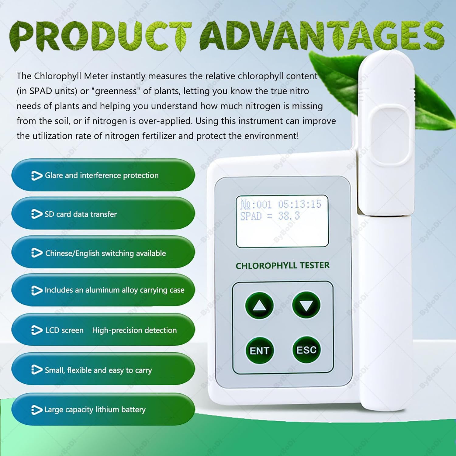 Medidor portátil de clorofila con SPAD y análisis de nitrógeno: A | comprobador portátil de clorofila, nitrógeno, temperatura y humedad, 2000 mAh, exportación de datos USB, para agricultores