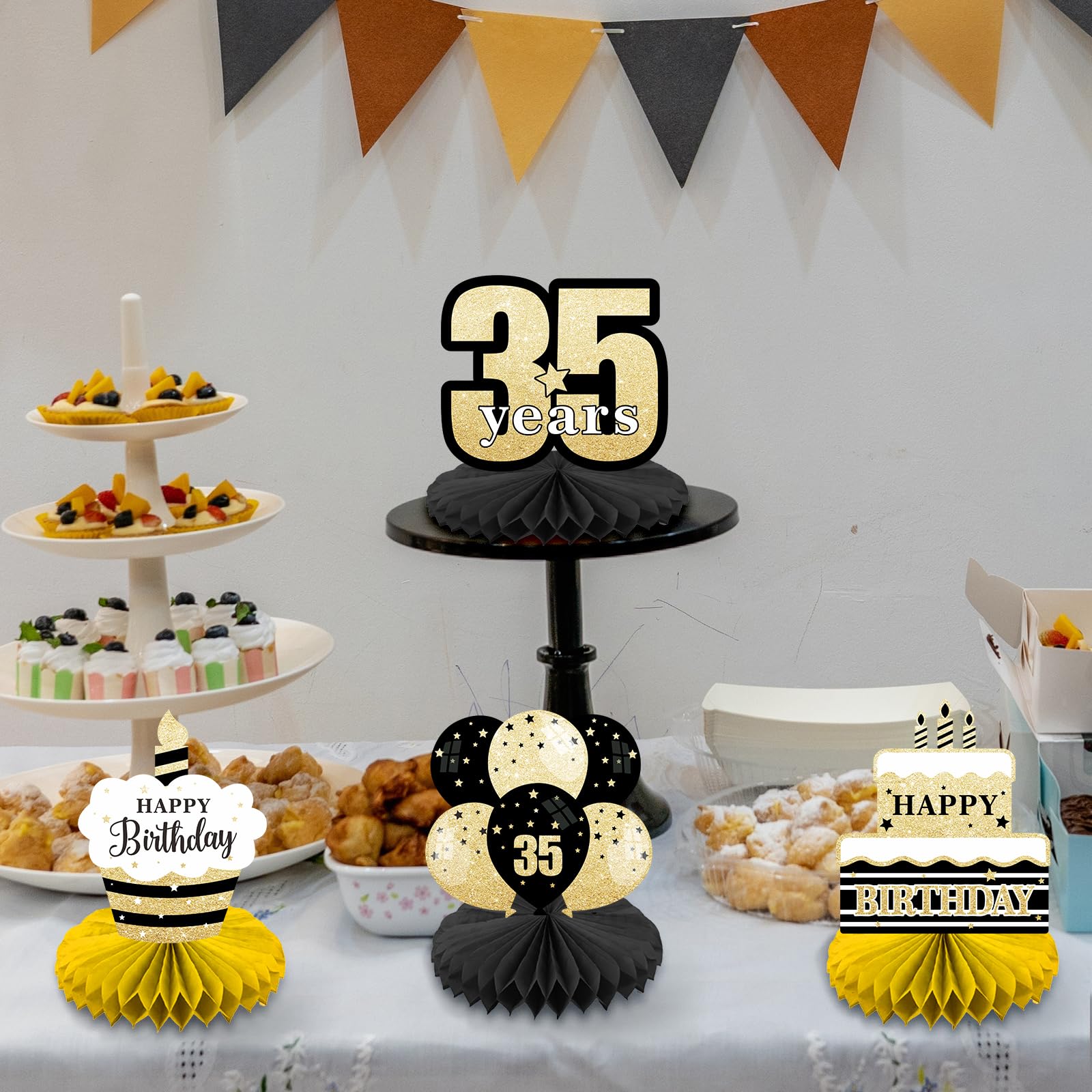 BECKTEN Happy 35th Birthday Black Gold Honeycomb Centerpieces - 8 Pieces, 8.2