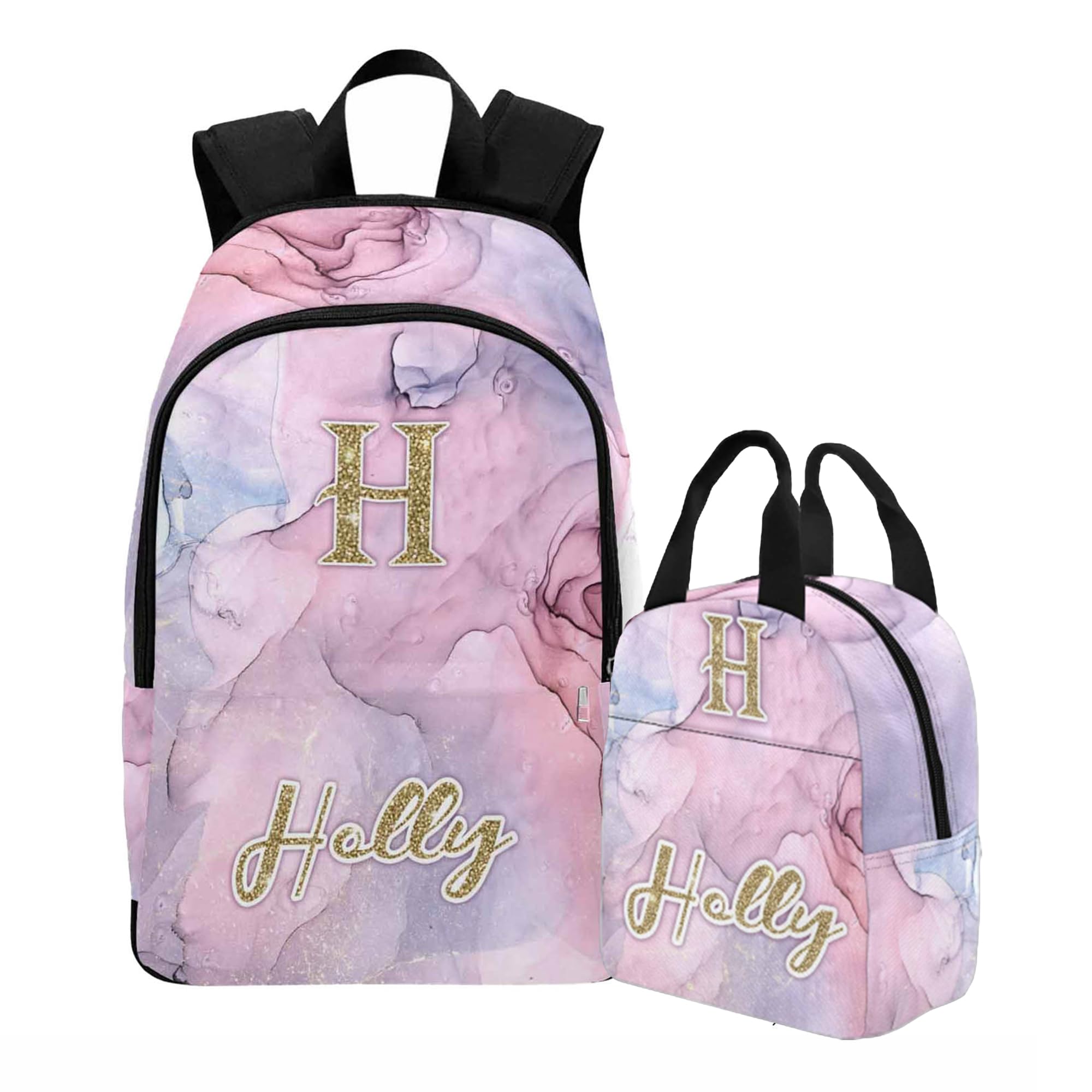 AOFUN Custom backpack for girls With Name Marble texture Backpack With Lunch Box Set for girls back to school