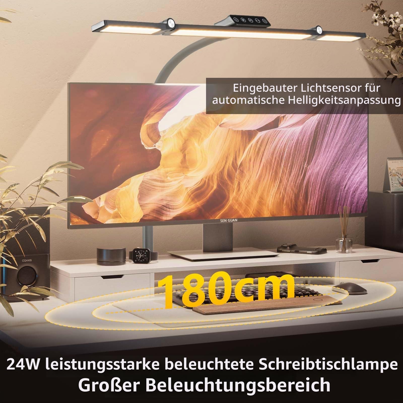 LED Schreibtischlampe Dimmbare,24W Schreibtischlampe Klemmbar mit Fernbedienung,Ultrahelle Tageslichtlampe für Büro,5 Farb 10 Helligkeit,Schwanenhals Schreibtischleuchte Schwarz mit Augenschutz.