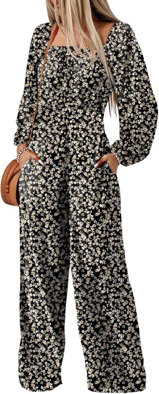 Dokotoo Women’s Casual Loose Jumpsuits Overalls One Piece Long Sleeve Printed Wide Leg Long Pant Rompers With Pockets