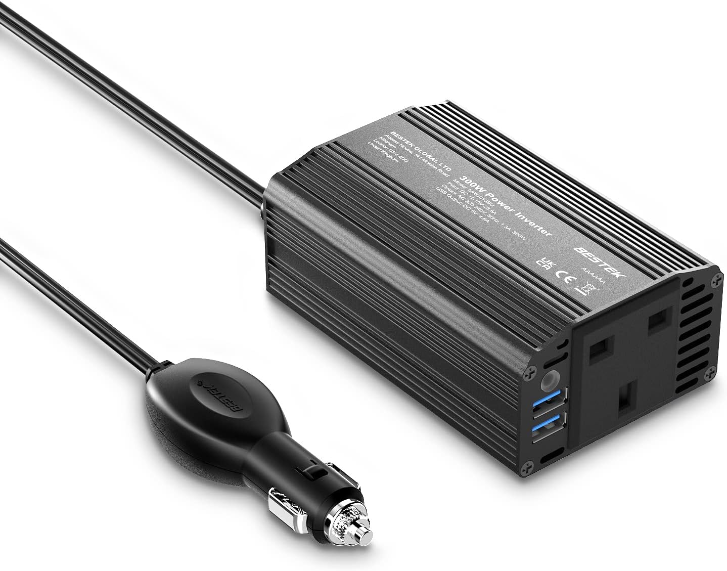 BESTEK MRI3013BU-updated 300W Power Inverter DC 12V to AC 230V 240V Transformer Car Charger Lighter Adapter with 3 Pin Plug and Dual USB Ports (Black)