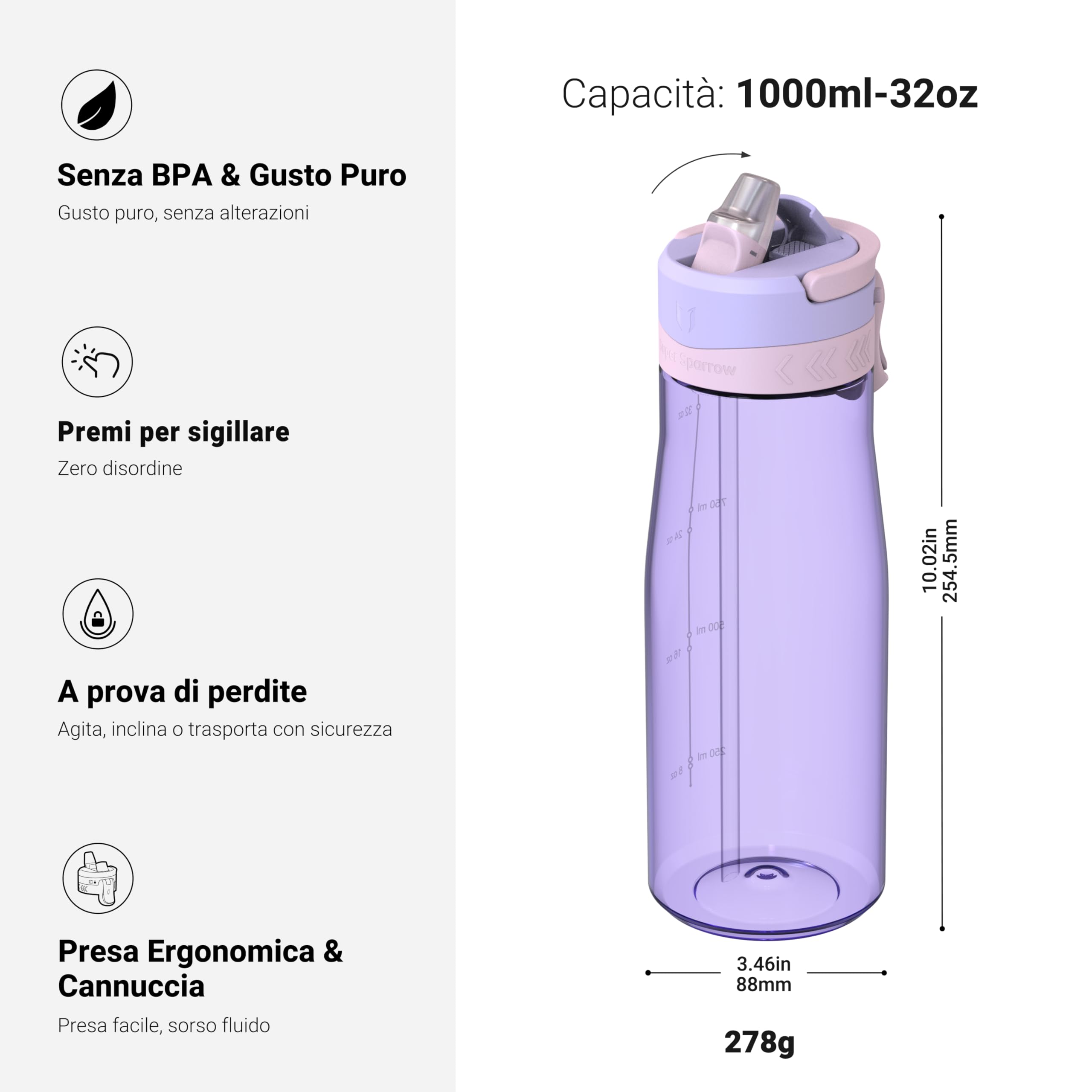 Sparrow Borraccia - 500ml, 750ml, 1L - TouchFlow Bottiglia Senza BPA - Senza Perdite Borraccia Cannuccia - Borracce Sportiva Flusso Rapido Con Un Clic per Scuola, All'aperto