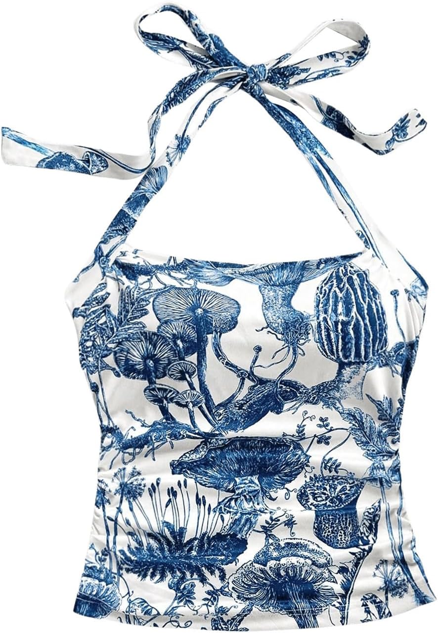 WDIRARA Women's Y2K Ruched Graphic Print Halter Neck Top Tie Back Square Neck Sleeveless Slim Fit Cami Tops