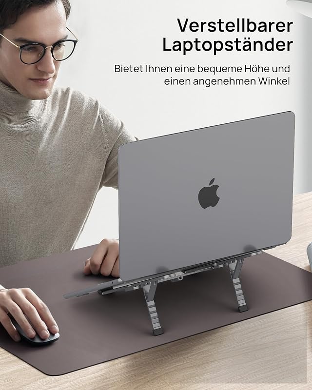 Suport laptop pliabil din aluminiu SODI cu înălțime reglabilă și ventilație pentru MacBook Pro și Air, HP, Dell, Sony de 10-16 inchi