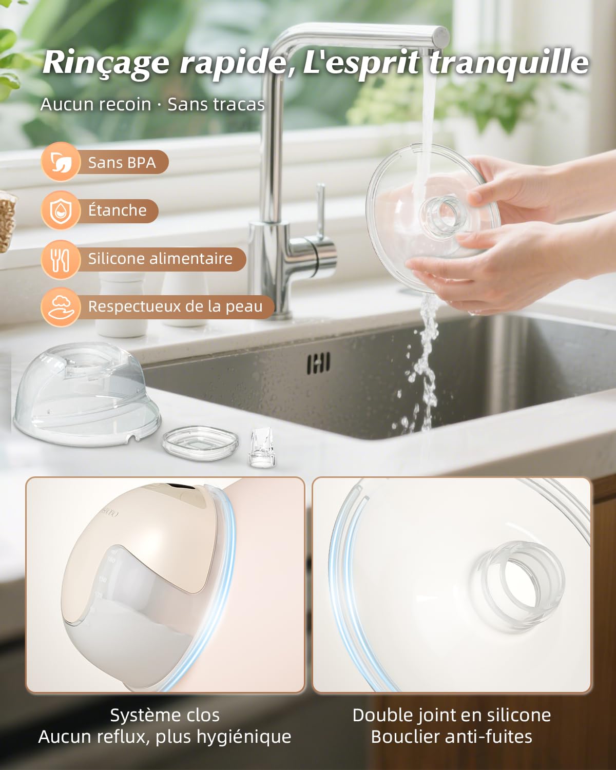KISSBOBO K5 Tire-lait Électrique Mains Libres, 4 Modes 19 Niveaux, 280mmHg, Crème/2PCS