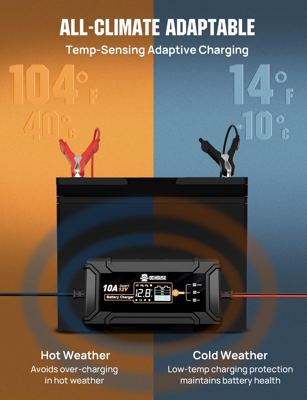 DC House Chargeur de batterie 12 V 10 A, chargeur intelligent de voiture entièrement automatique Désulfateur pour batteries plomb-acide et LiFePO4 de voiture, moto, camion, tondeuse à gazon