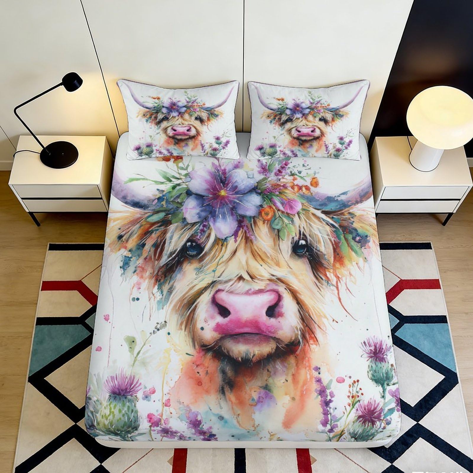 Dhbaneiok Style-10 3D Printed Highland Cow Fitted Sheet Microfiber Soft Colorful Floral Mattress Cover For Bedroom Dorm Mattress Protection Decor 90X200x25cm