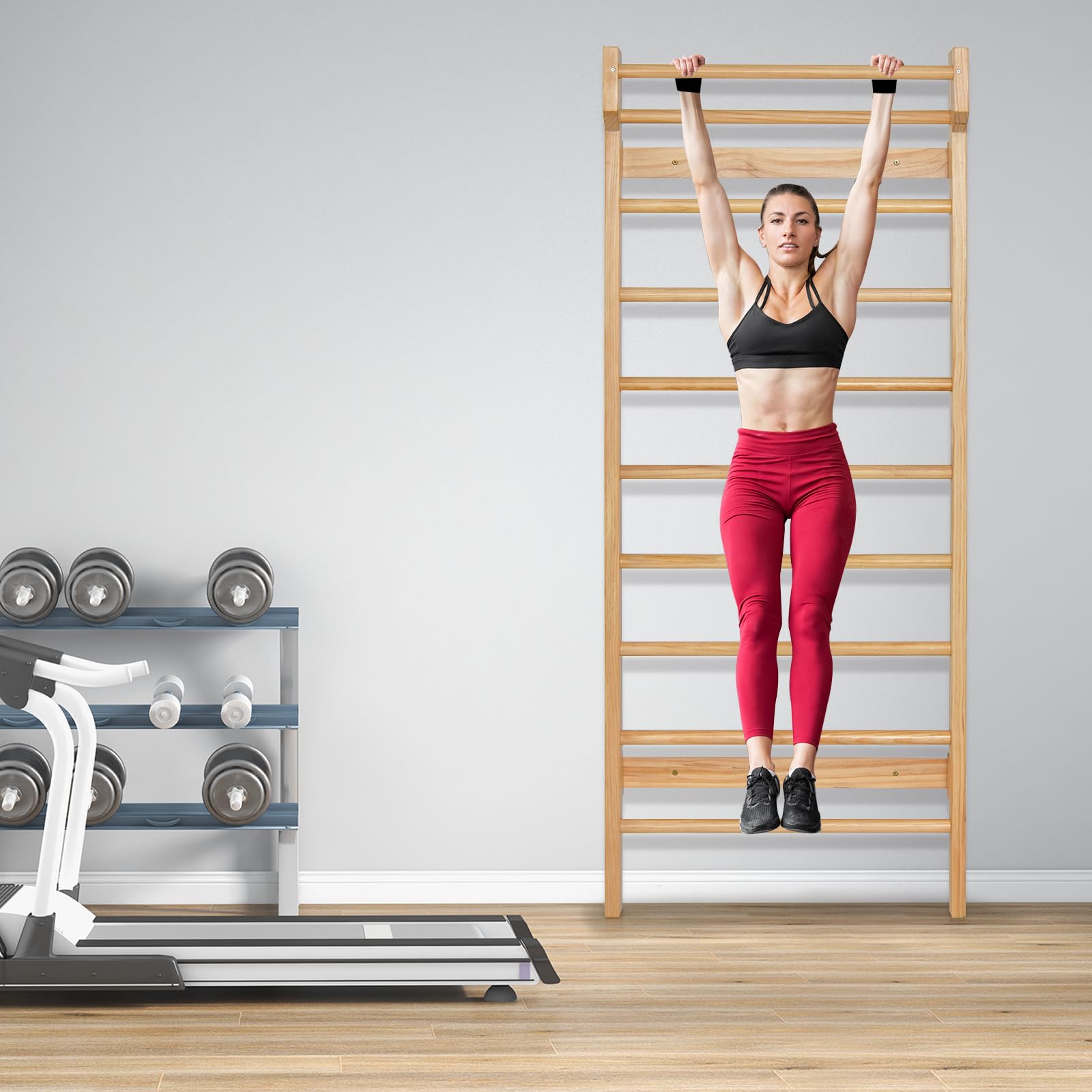 COSTWAY Ścianka ze szczeblami drewnianymi, z drążkiem do podciągania i 10 szczeblami, ścianka gimnastyczna, sprzęt sportowy, obciążenie 150 kg, rusztowanie wspinaczkowe do użytku wewnątrz dla