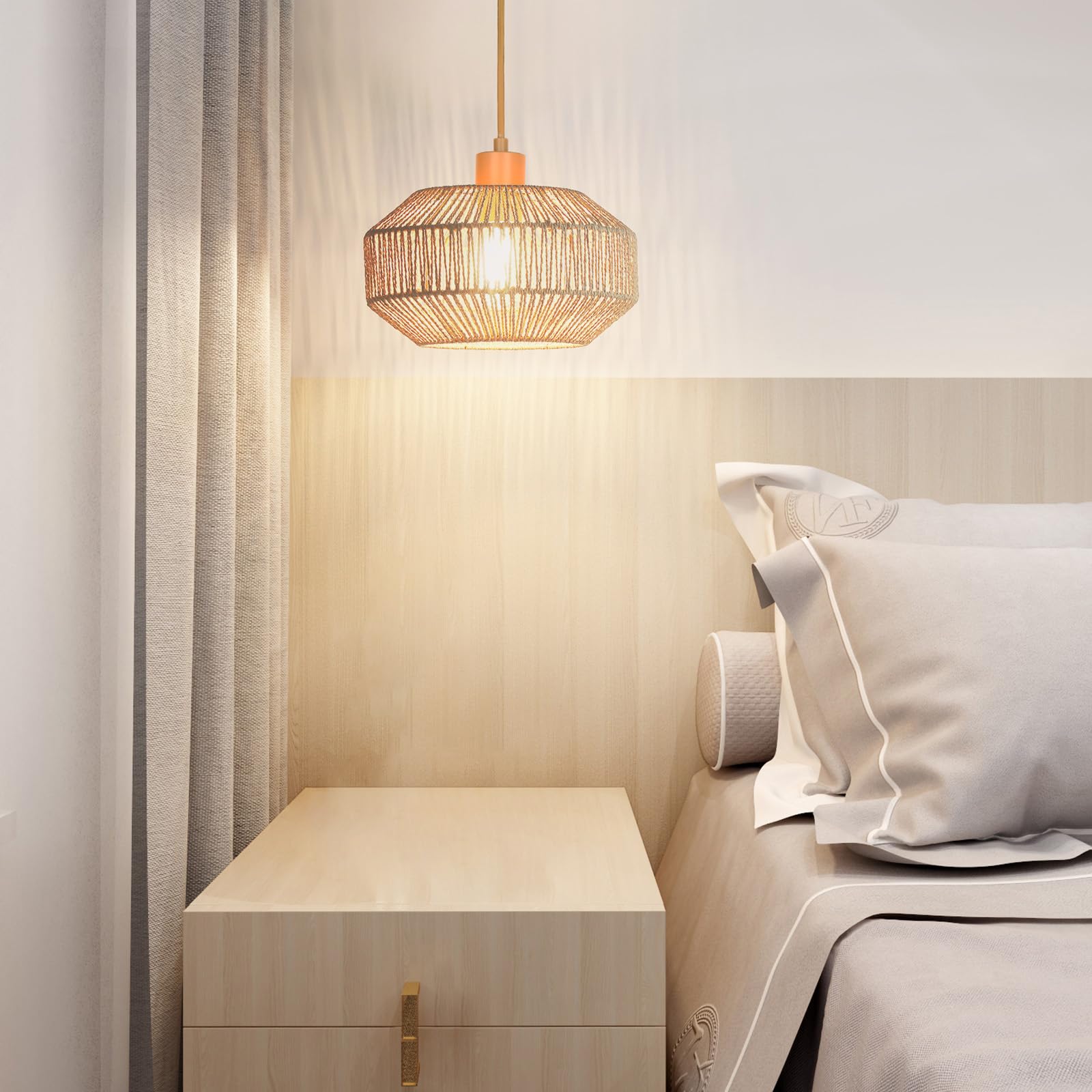 Boho Rattan Pendant Light With Paper Woven Shade - Plug-in Hanging Lamp With Dimmable Bulb