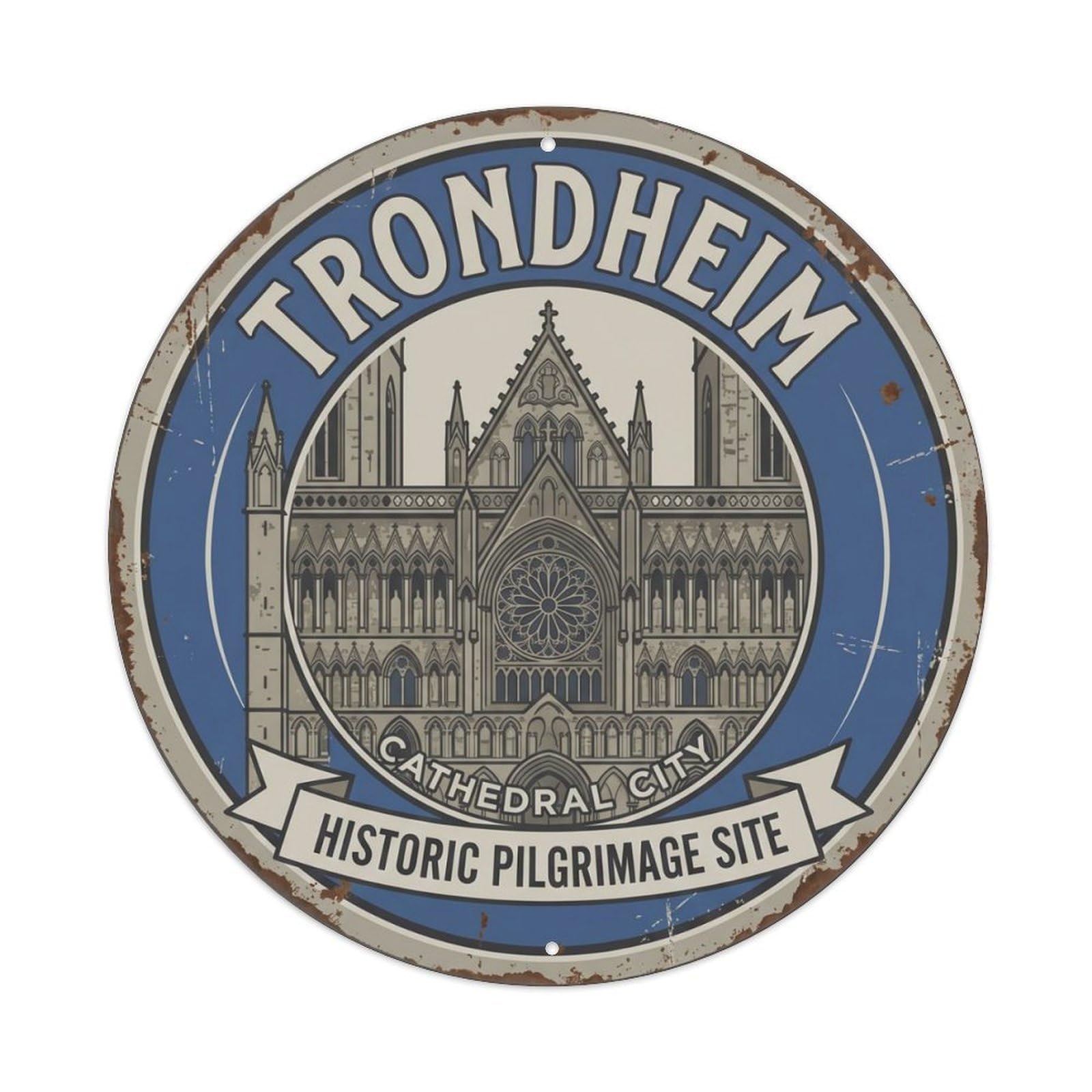 Vintage Travel Trondheim Norway Cathedral Metal Tin Sign Plaque Wall Decor for Cafe, Club, Garden Round Metal Poster 8x8Inch