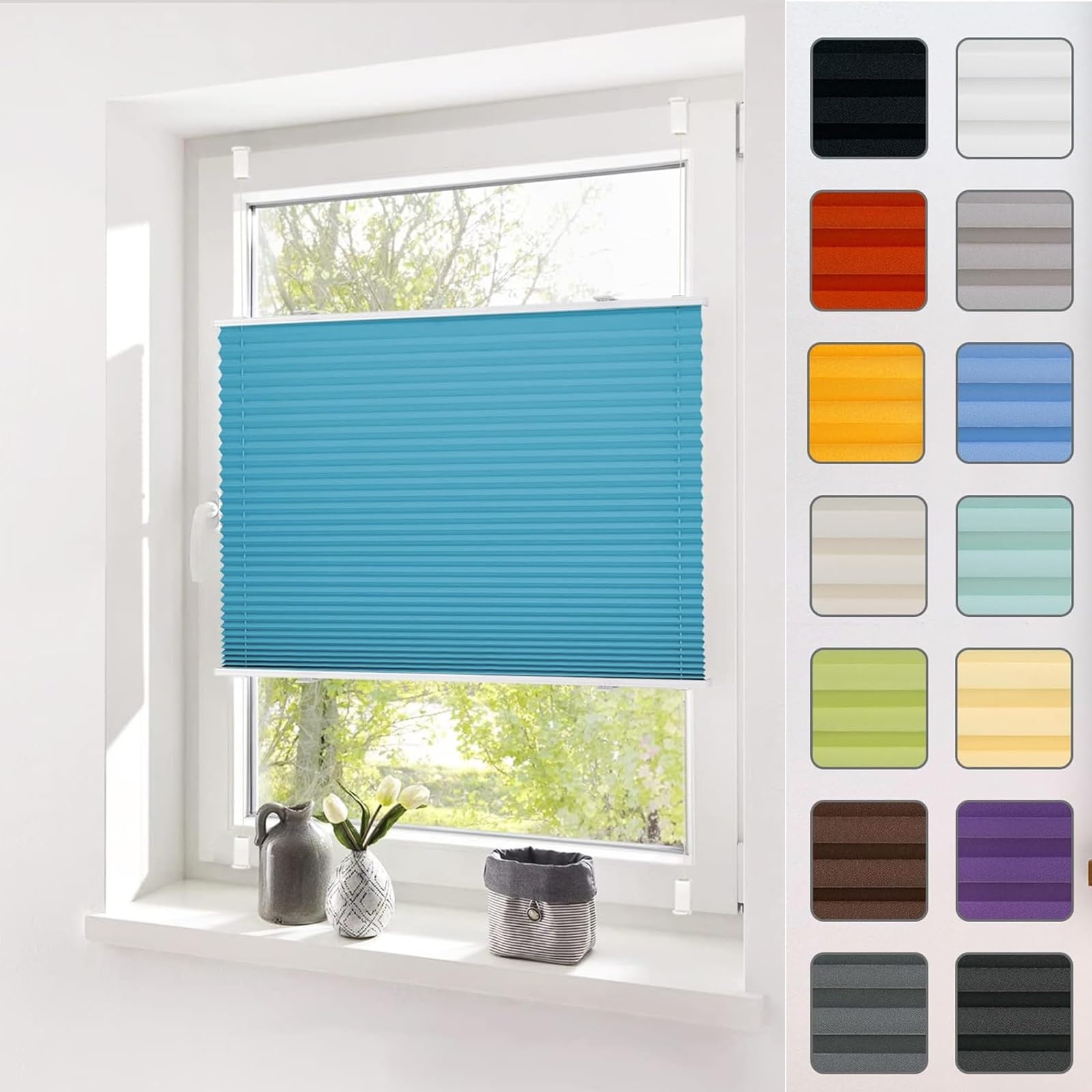 Temporary Pleated Blinds for Windows, 35 x 50 cm Thermal Blackout Privacy Protection Vertical Pleated Blinds No Drilling with Install Accessories, for Patio Doors Bedroom, Sky Blue