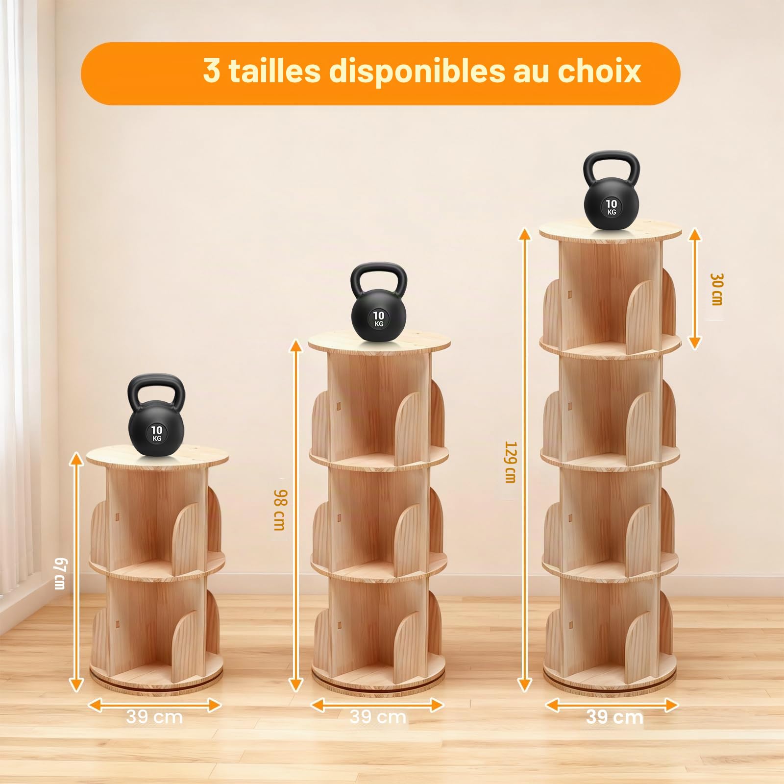 Bibliothèque rotative à 2 étages en bois massif - Étagère debout à 360° - Étagère à livres multifonctionnelle - Étagère de rangement pour enfants et adultes - Diamètre 39 cm - Hauteur 67 cm
