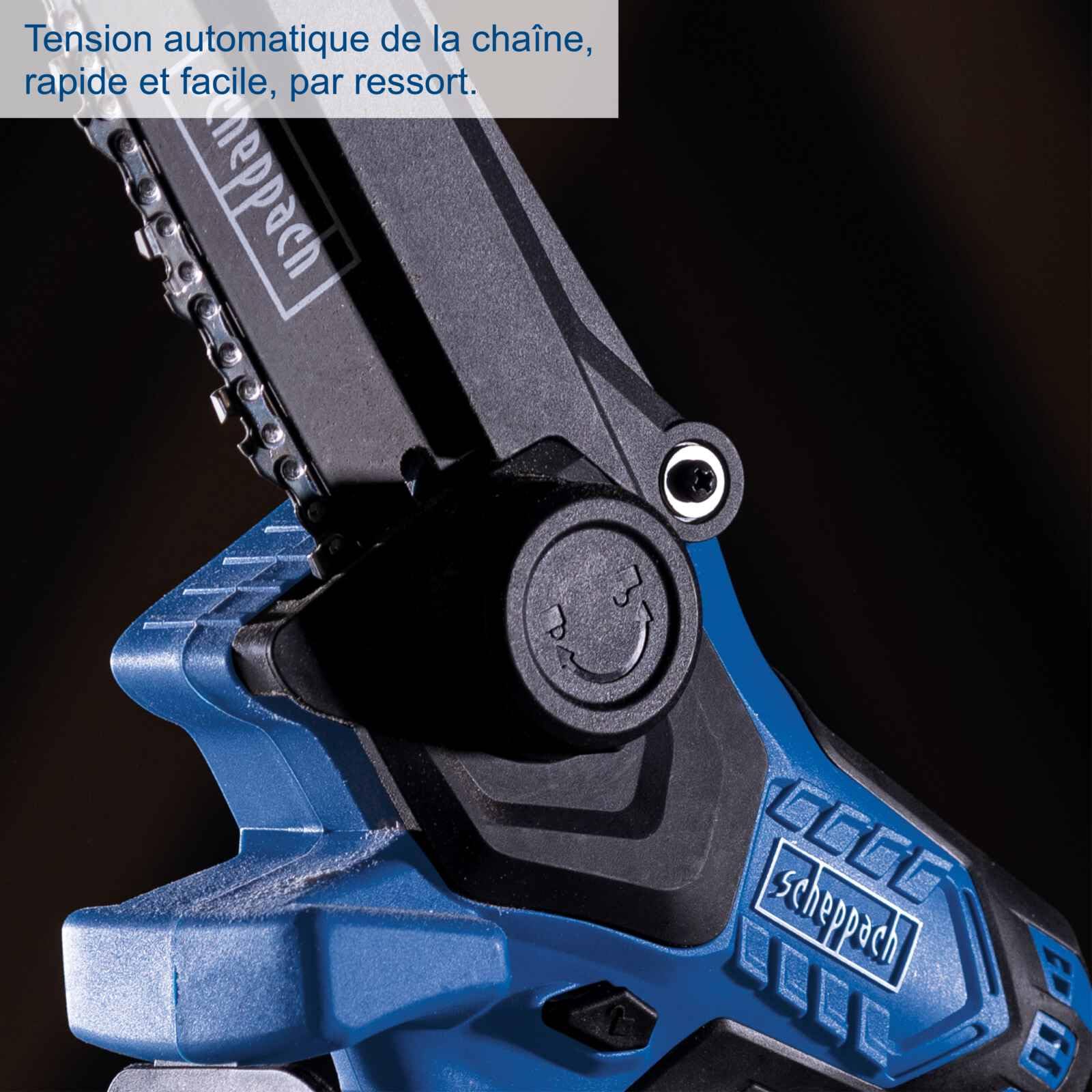 Scheppach Elagueuse à main sur batterie BC-PS150-X 20V | Brushless | Mini tronçonneuse | Longueur de coupe 150mm | Guide 6" | Vitesse de coupe 6,8 m/s | Avec batterie 2 Ah et chargeur