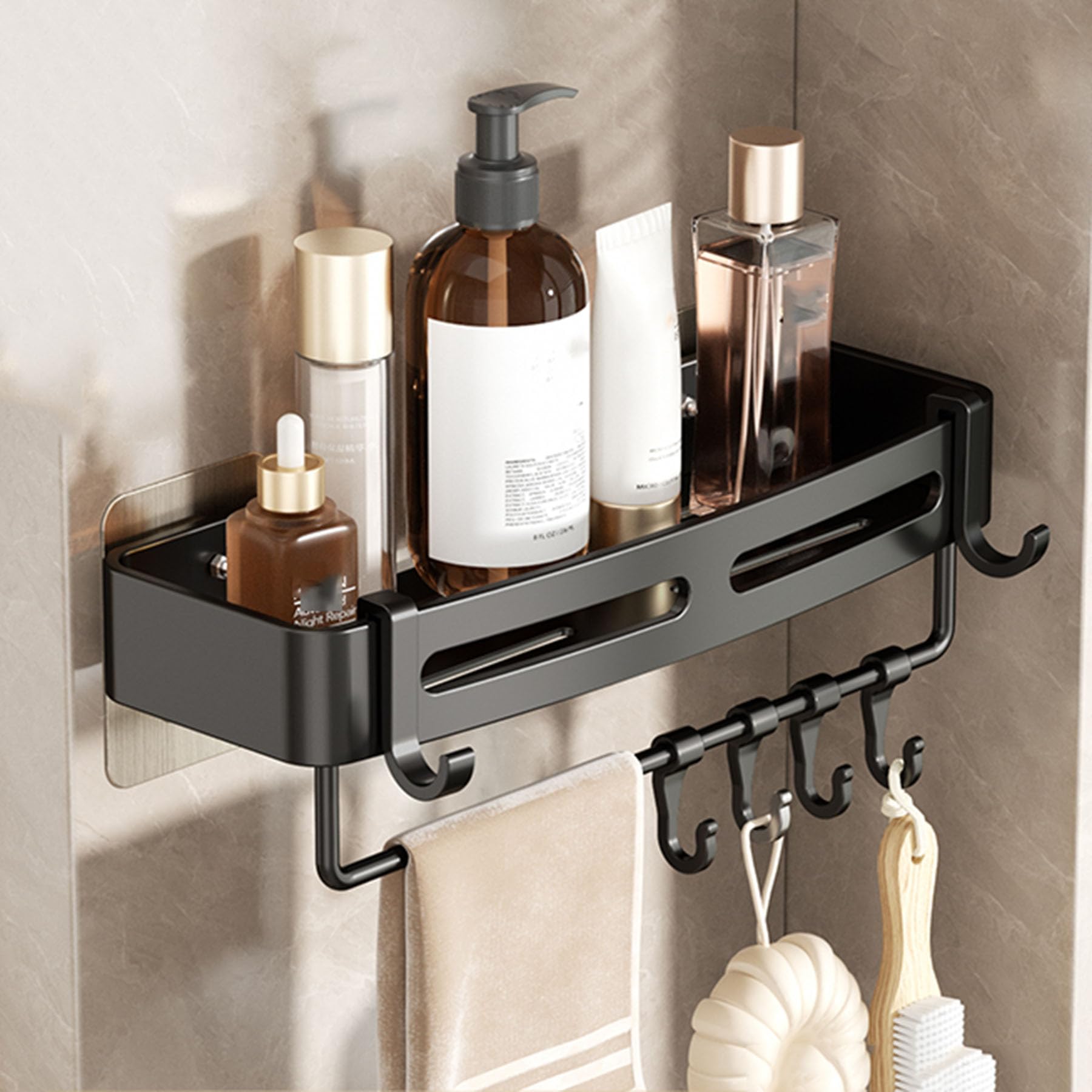 SRURLLUG Shower Caddy Bathroom Shelve Adhesive Shower Caddy Organizer Shelves Rack With Hooks No Drilling Rustproof Wall Mounted