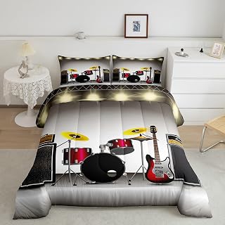 Feelyou Rock Music Theme Bedding Set Guitar Speaker Comforter Set for Kids Boys Girls Teens Musical Instrument Duvet Set Drum Kit Rock Band Quilt Set with 1 Pillowcase 2Pcs Bedding Twin