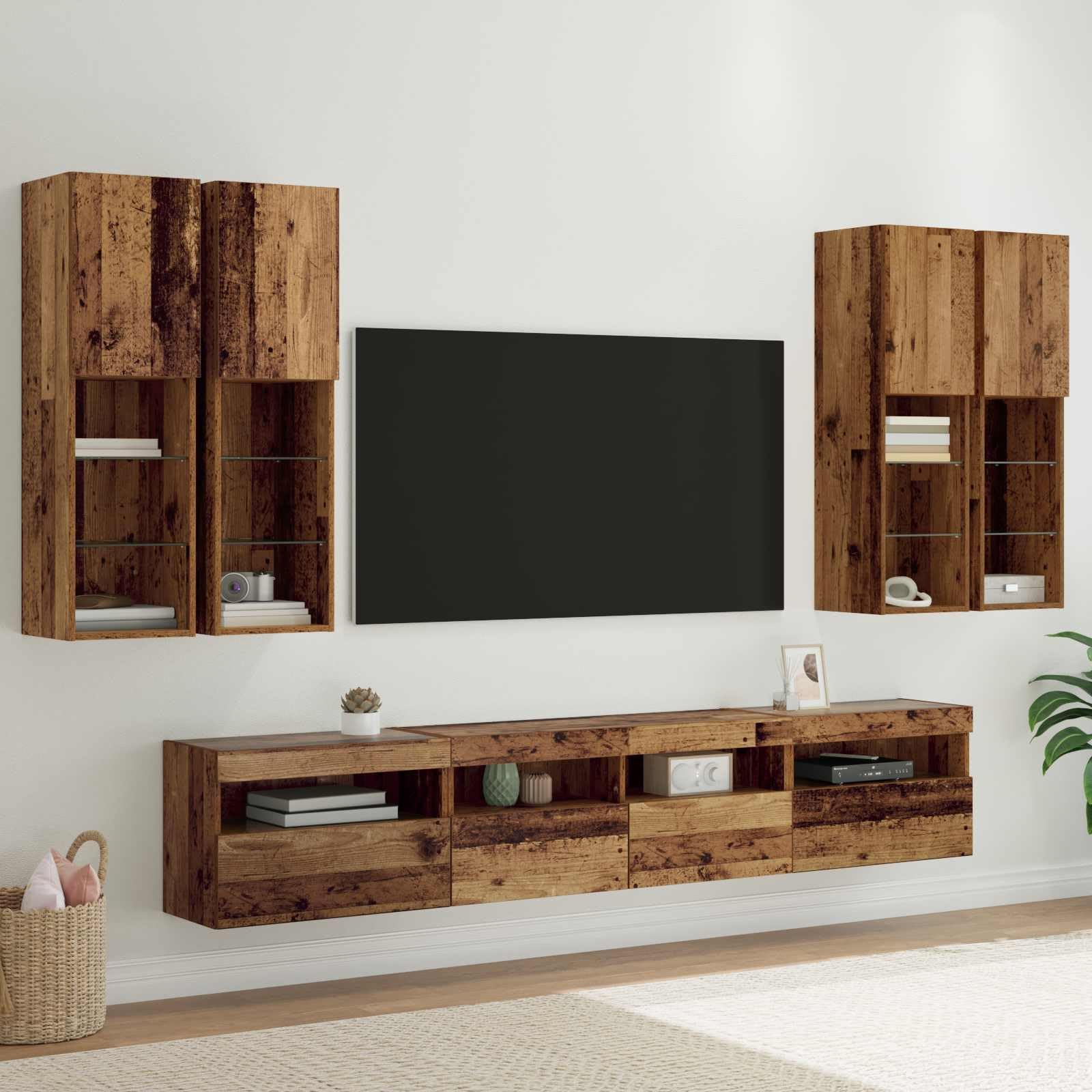 Mueble de pared para TV con luces LED, 7 piezas, aspecto de madera envejecida, 100 x 30 x 40 cm, diseño moderno para sala de estar, centro de entretenimiento