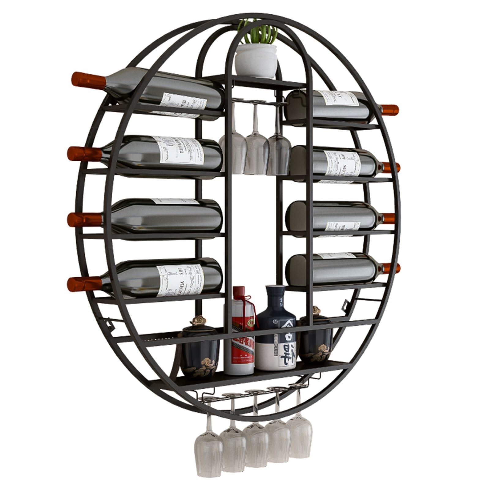 Étagère à vin murale ronde en métal avec porte-verre suspendu pour bar