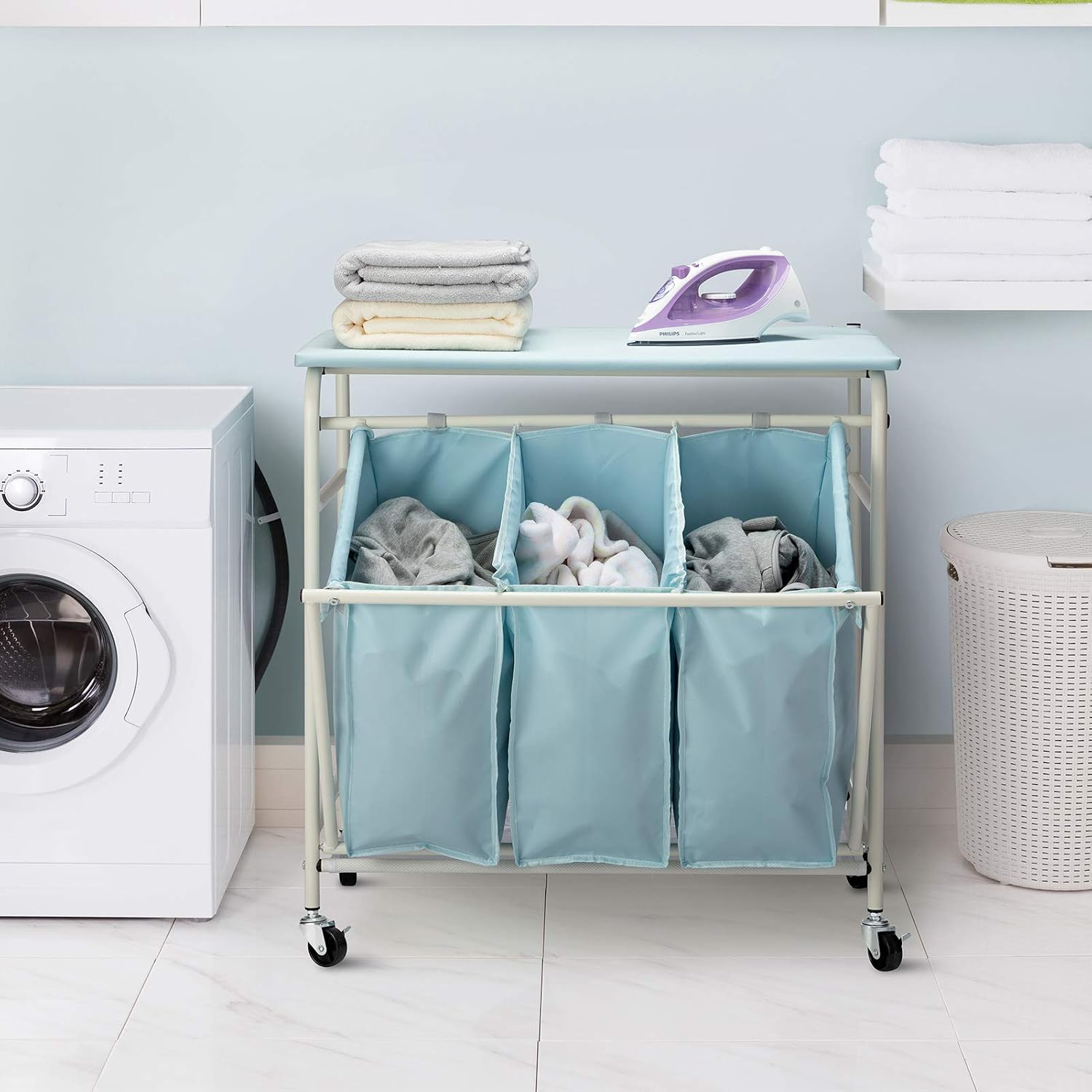 HollyHOME Laundry Sorter Cart with with Side Pull 3-Bag Ironing Board Heavy-Duty 4 Wheels Laundry Hamper Ligth Blue