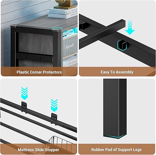 Miniatura 8 de Hasuit - Base de cama esquinera de tamaño matrimonial con cajones de almacenamiento y cabecera con estantería, plataforma de metal, estación de