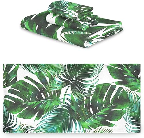 Miniatura 5 de Vdsrup Juego de 3 toallas de baño de verano con hojas de palma tropical, toallas de mano de hojas de selva tropical, toalla suave y fina para