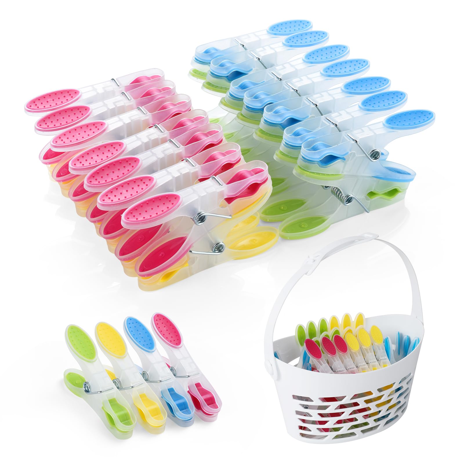 AiQInu Pack of 40 Coloured Clothes Pegs with Basket, Plastic Towel Pegs with Non-Slip Silicone, Ideal for Laundry