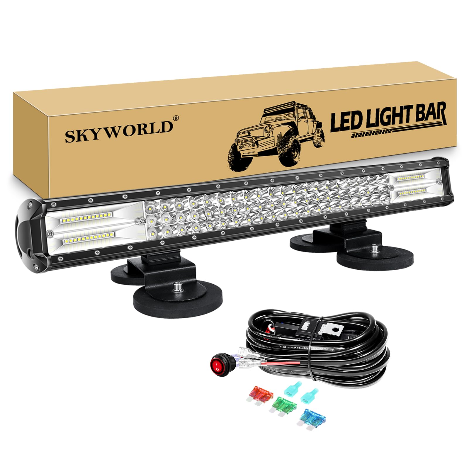 SKYWORLD Barra Led 4x4 23 pulgadas 58cm 324W con 12V Arnés de Cableado, 2pcs Iman Soporte para off road camión coche ATV SUV 4x4, Foco inundacion luz faros antiniebla Luminosas, 6000K Blanco