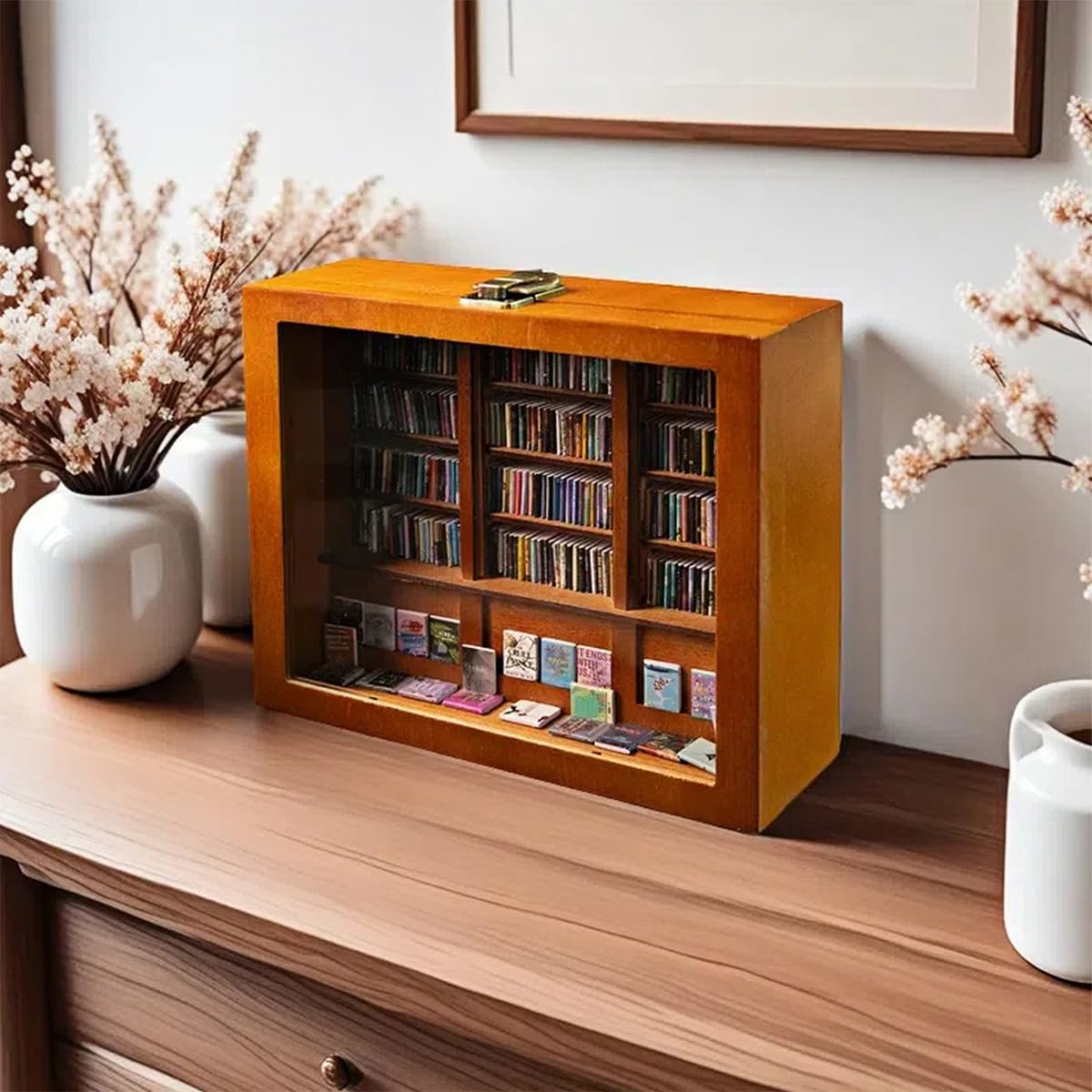 TEBTDN Anxiety Bookshelf for Shake Away Your Anxiety, Contains 300 Mini Anxiety Book, Miniature Display Shelf, Creative Ornaments, Stress-Relieving Gifts for Family and Friends (Brown)