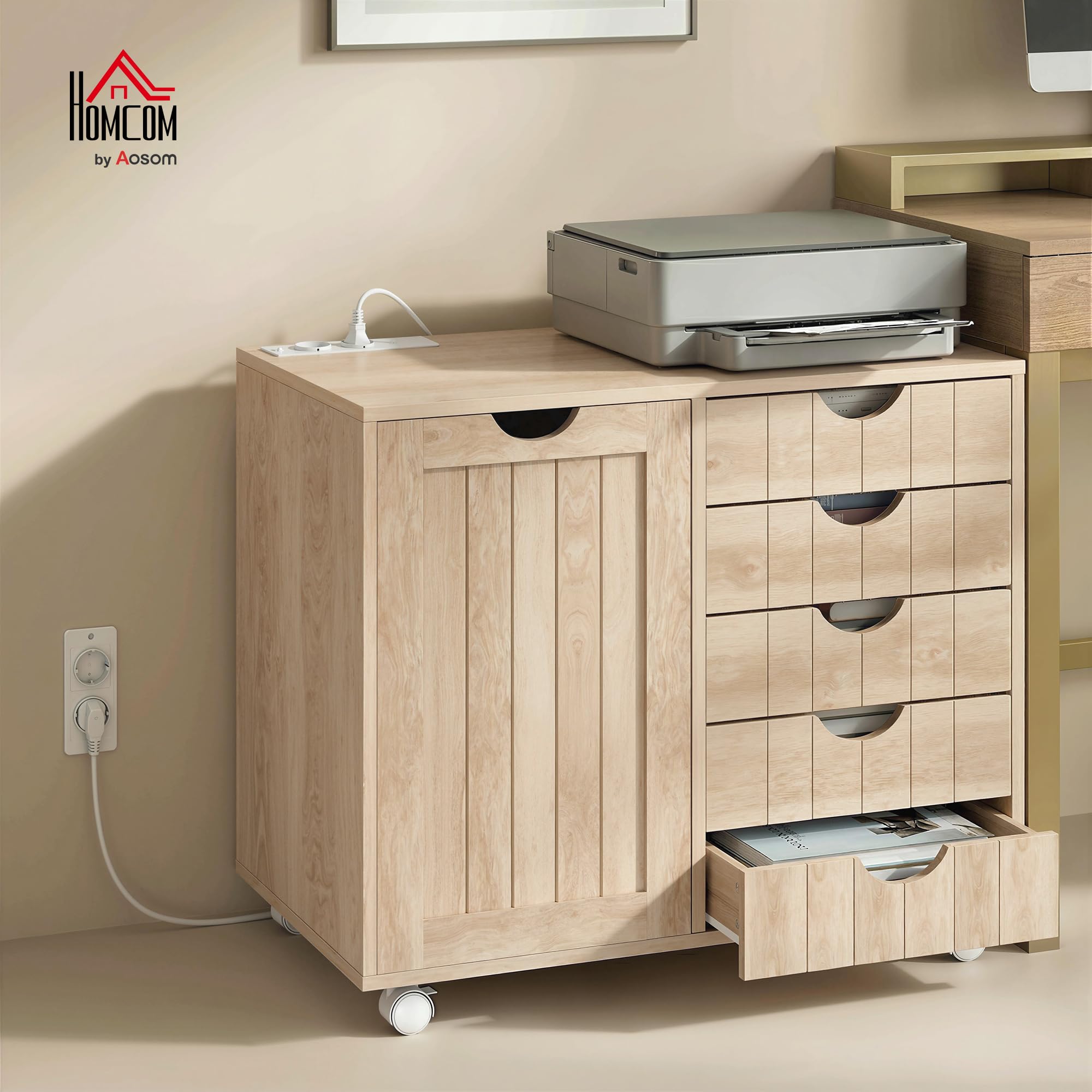 HOMCOM Mueble para Impresora con Estación de Carga y Ruedas, Soporte para Impresora, Cajonera para Escritorio con 5 Cajones, Puertos USB, Estante Ajustable para Archivador, Oficina en Casa, Natural