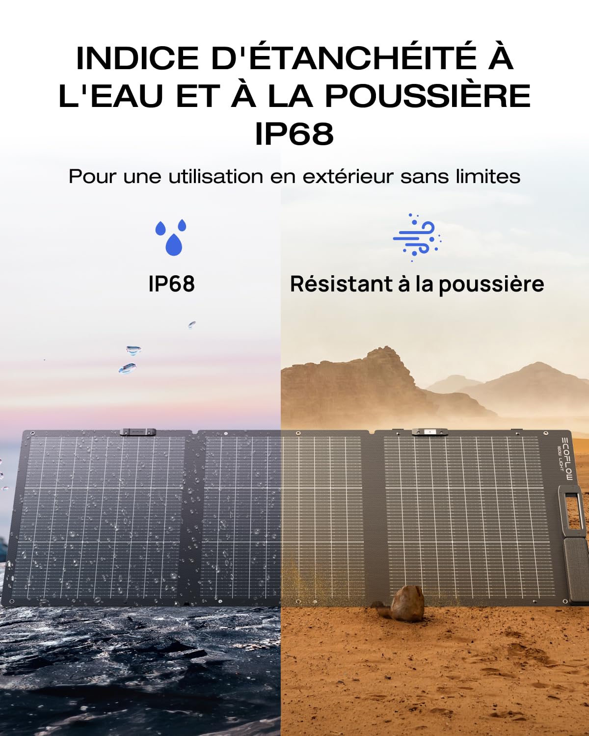 Panneau solaire portable EcoFlow 160 W, conception bifaciale avec cellules de type N, rendement jusqu'à 25%. Support réglable, guide d'angle intégré, câble XT60 inclus et protection IP68.