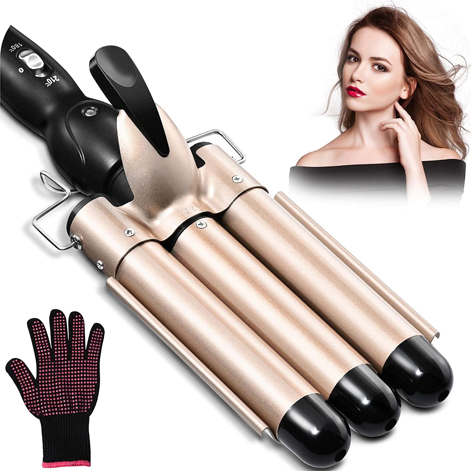 3 Barrel Curling Iron Wand , ZELARO Hair Waver Iron Crimping Iron for Hair with 2-Level Adjustable Temp, 1 Inch Tourmaline Triple Barrels, Fast Heat Up Beachwaver for Girls (Gold)
