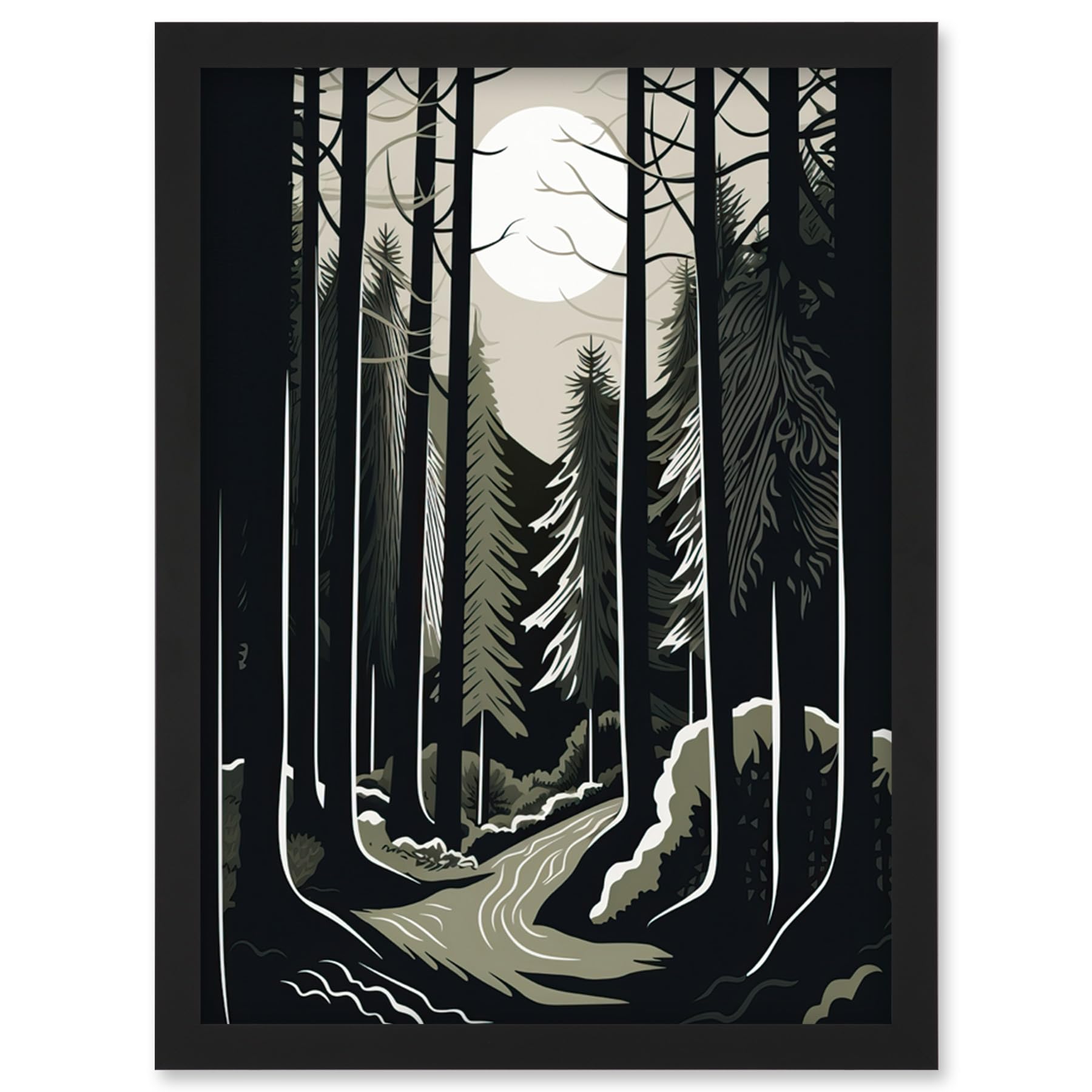 Artery8 Framed Black A4 Full Moon Night At Pine Forest Landscape Linocut Artwork Framed Wall Art Print A4