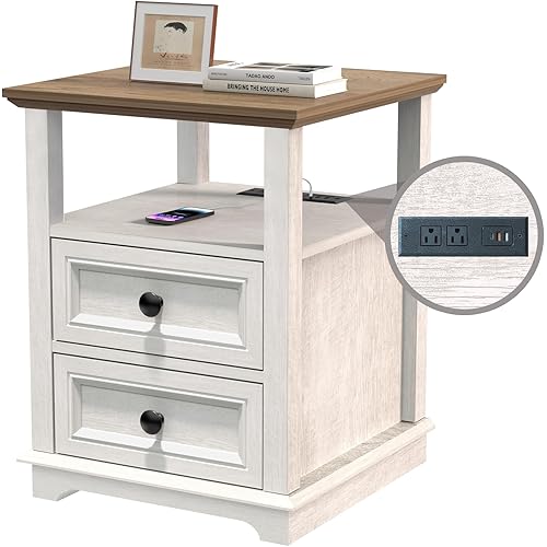 REDAYFUR End Table with Fast USB C Charging Station, 24” Tall Sofa Side Table with 2 Drawers, Large Storage Rustic Wood Square Storage Cabinet for Living Room,Bedroom,Office, White
