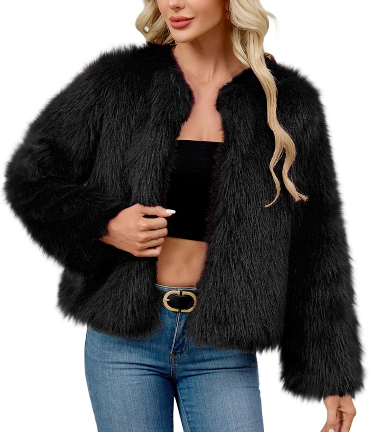Lmdudan Fur Coat for Women Faux Furry Long Sleeve Cropped Fluffy Jacket Open Front Coat Shaggy Warm Fall Winter Outerwear