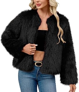 Womens Faux Fur Coat Cropped Fluffy Jacket Long Sleeve Open Front Shaggy Outerwear Trendy Dressy Winter Clothes