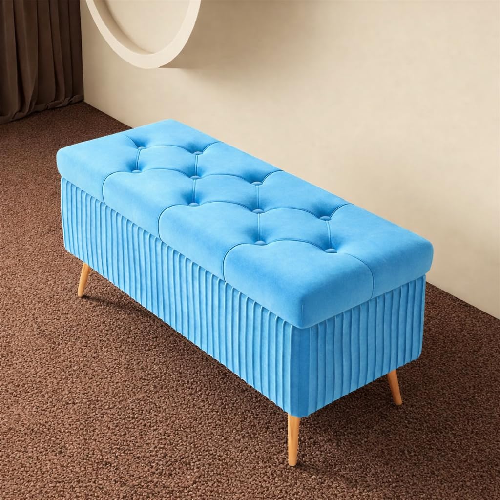 Velvet Unpholstered Flip Top Storage Bench 2 Seater Sofa Upholstered Ottoman Bench with Storage for Living Room, Bedroom - (Sky)