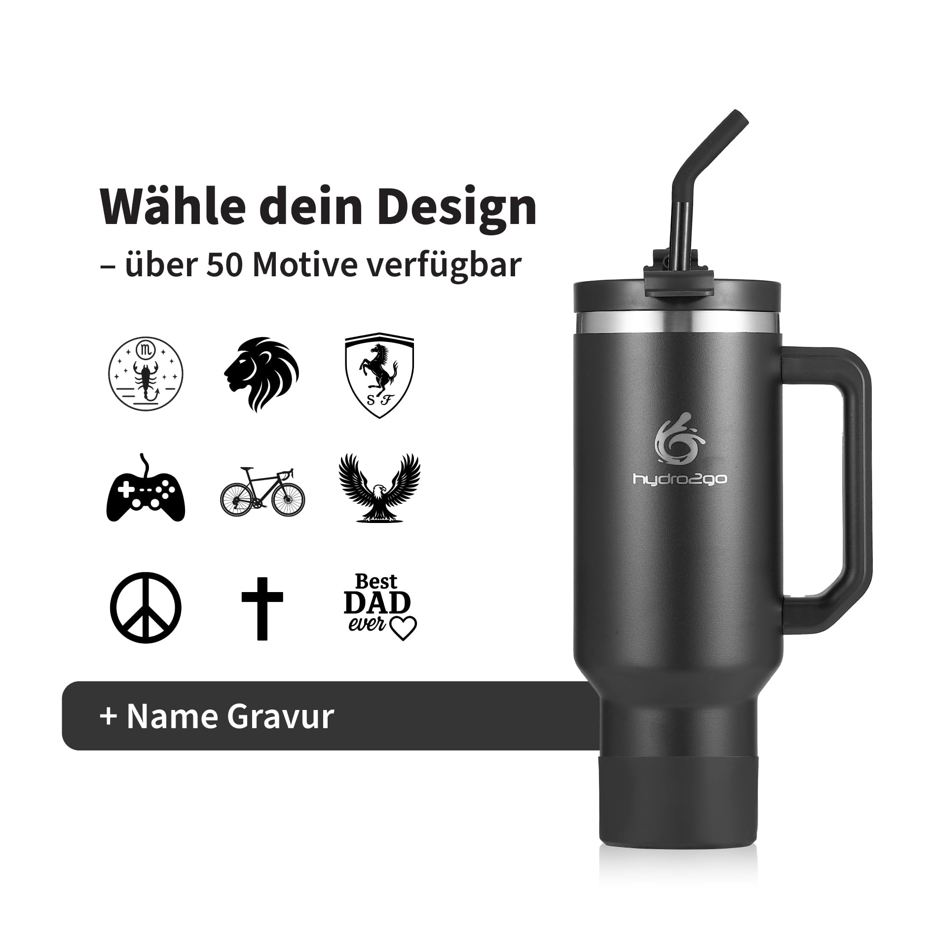 Thermobecher 1180ml mit Namensgravur – Personalisierter 40oz Edelstahlbecher mit Henkel, Deckel & Strohhalm – Hält 10h heiß & 12h kalt, BPA-frei, auslaufsicher (Black + Gravur)