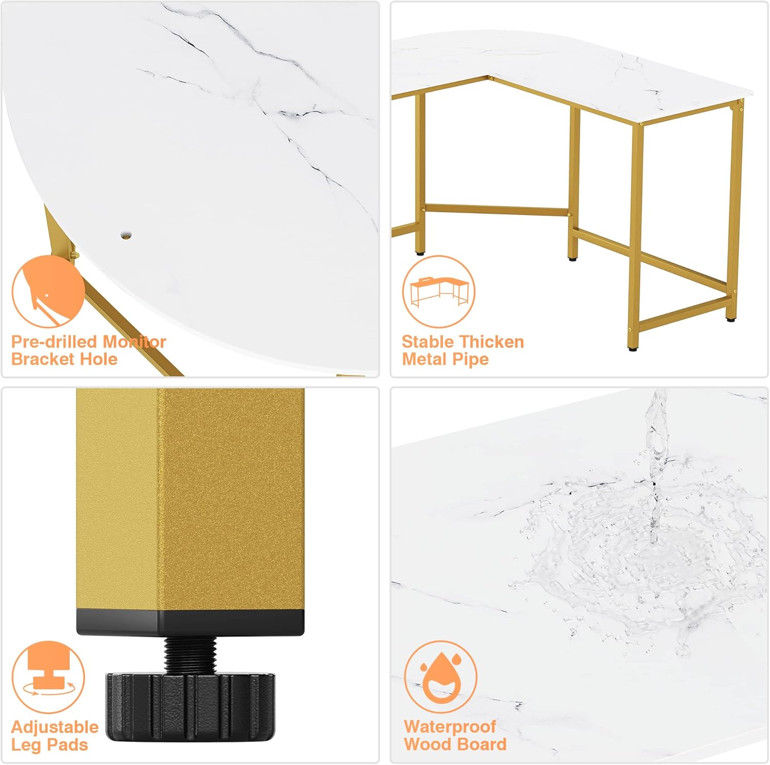 Weehom L Shaped Computer Desk with Monitor Stand, Reversible Corner Desk for Home Office, Modern PC Workstation Study Writing Table(White and Gold)